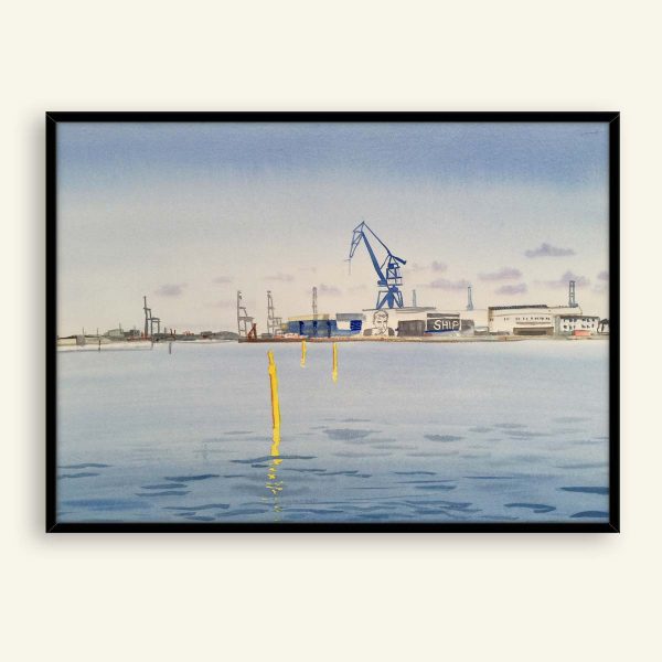 Århus havn akvarel maleri 76x56 cm af Kamilla Ruus