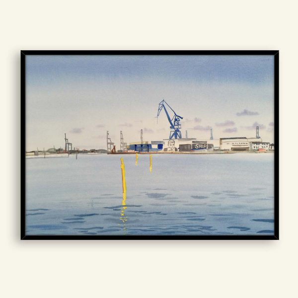 Århus havn akvarel maleri 76x56 cm af Kamilla Ruus