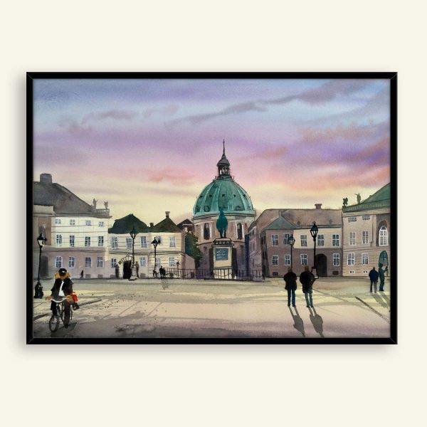 Amalienborg akvarel maleri 76x57 cm af Kamilla Ruus