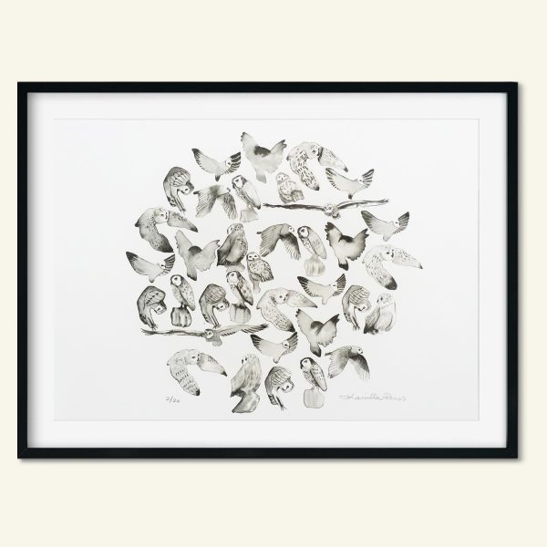 Dekorativt a3 kunsttryk af ugler lavet af Kamilla Ruus