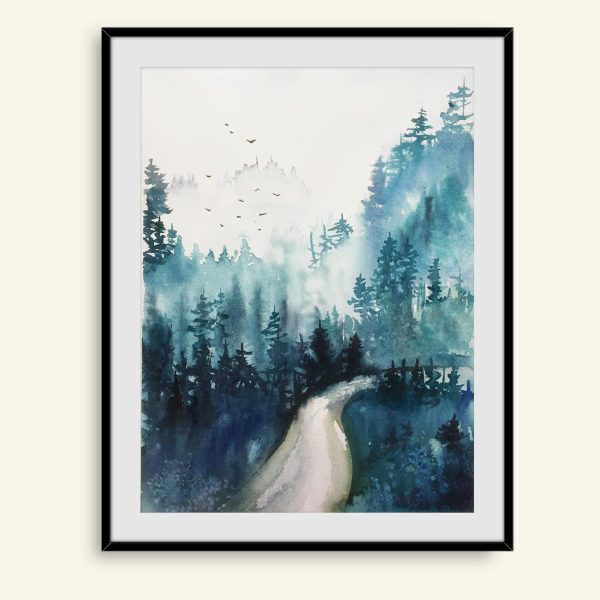Flot akvarel maleri af tåget skov af Kamilla Ruus