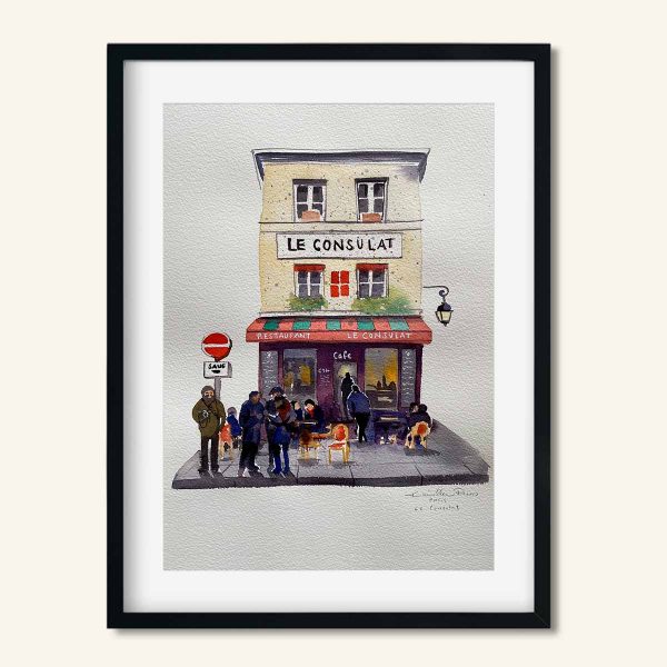 Akvarel maleri Le Consulat Café i Paris