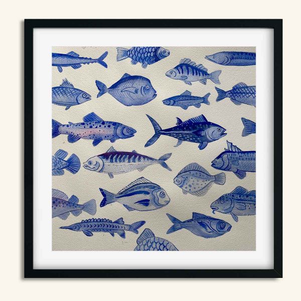 Akvarel maleri med 21 blå fisk af Kamilla Ruus