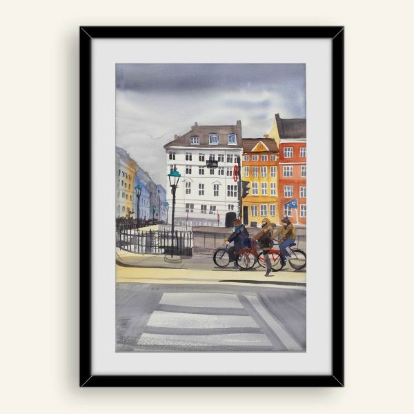 Akvarel maleri af cyklister i Nyhavn malet af Kamilla Ruus