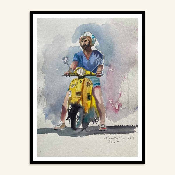 Maleri med mand på scooter af Kamilla Ruus