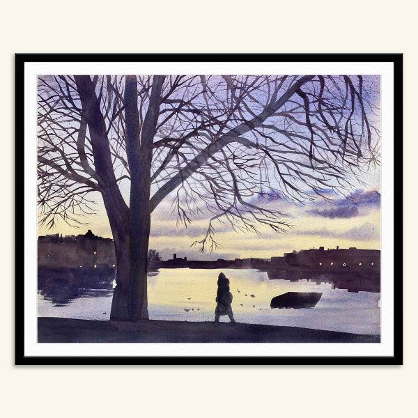 Maleri af solnedgang over søerne i København