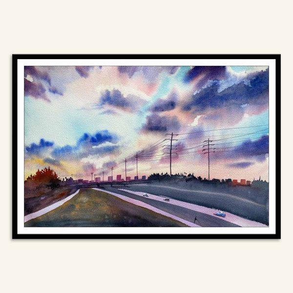 Maleri af solnedgang over motorvej malet af Kamilla Ruus