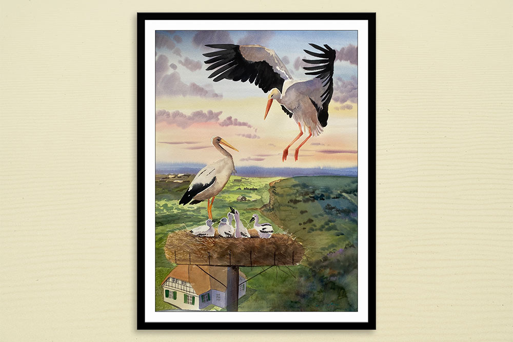 Maleri med storke på rede af Kamilla Ruus