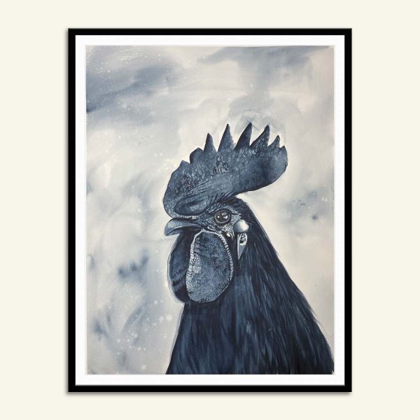 Maleri af hane, akvarel, 57x76 cm, Kamilla Ruus
