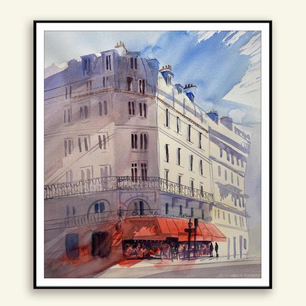 Akvarel maleri af grå bygning i Paris