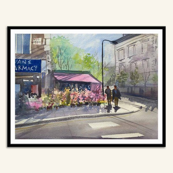 Maleri, Harper & Toms i Notting Hill, akvarel, 38x38 cm, Kamilla Ruus