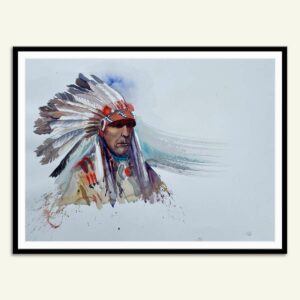 Maleri af indianerhøvding, akvarel, 76x56 cm, Kamilla Ruus