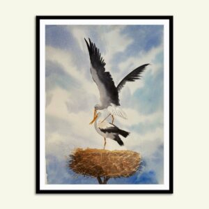 Maleri af storkepar på rede af Kamilla Ruus