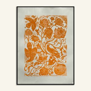 Orange linoleumstryk med pæoner af Kamilla Ruus