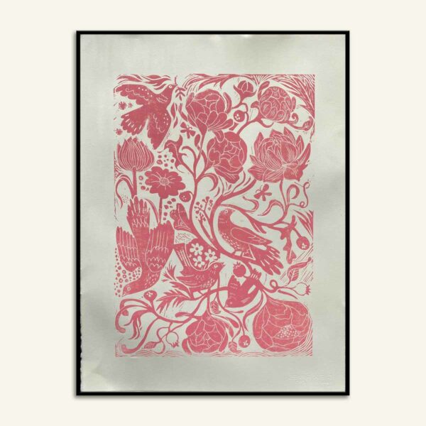 Pink linoleumstryk med pæoner af Kamilla Ruus
