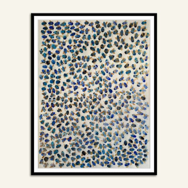 56 x 76 maleri med blå insekter med guld vinger af Kamilla Ruus