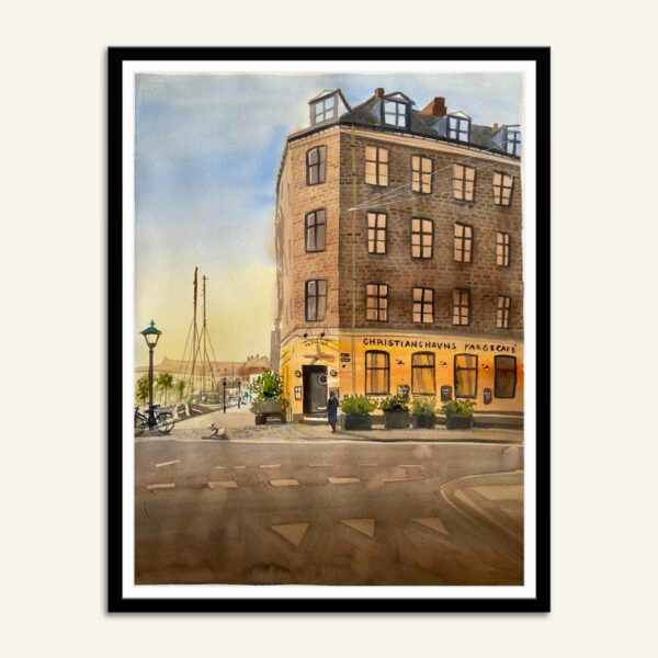 Maleri af Christianshavns Færgecafé i sort ramme af Kamilla Ruus