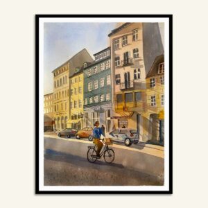 Maleri af cyklist i Gothersgade malet af Kamilla Ruus