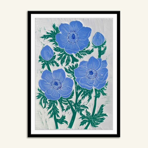 38x57 cm blå anemoner linolumstryk