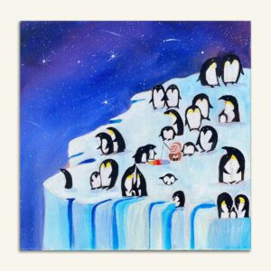 40x40 cm maleri med pingviner af Kamilla Ruus