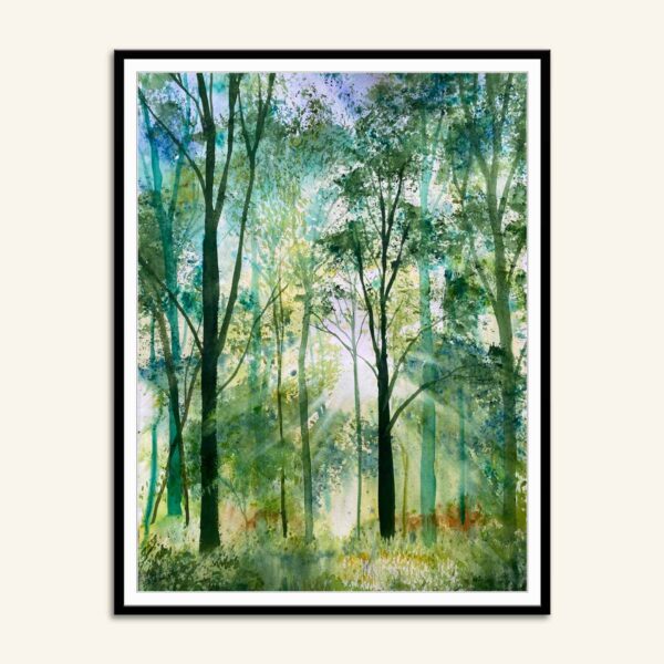 Akvarel maleri af skoven om foråret malet af Kamilla Ruus