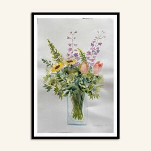 Maleri af tulipan-solsikke blomsterbuket i vase af Kamilla Ruus
